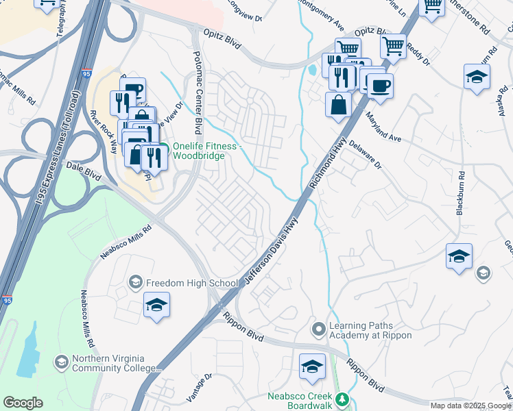 map of restaurants, bars, coffee shops, grocery stores, and more near 2168 Abbottsbury Way in Woodbridge