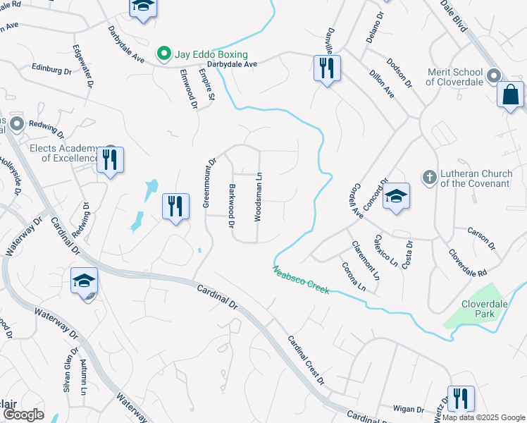 map of restaurants, bars, coffee shops, grocery stores, and more near 15151 Woodsman Lane in Woodbridge