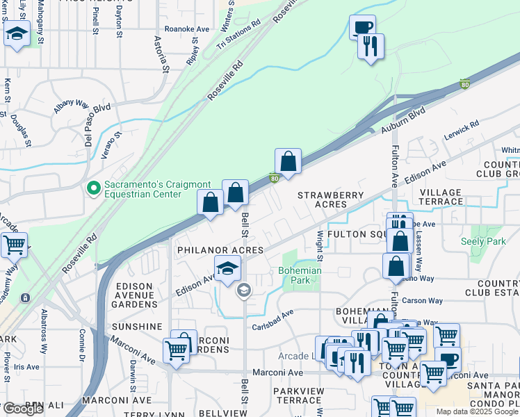 map of restaurants, bars, coffee shops, grocery stores, and more near 2300 Auburn Boulevard in Sacramento