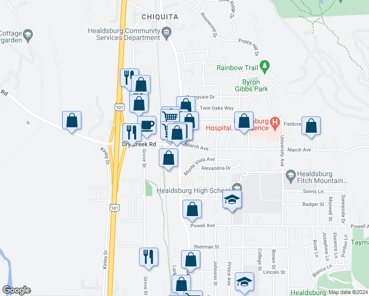 map of restaurants, bars, coffee shops, grocery stores, and more near 1328 Healdsburg Avenue in Healdsburg