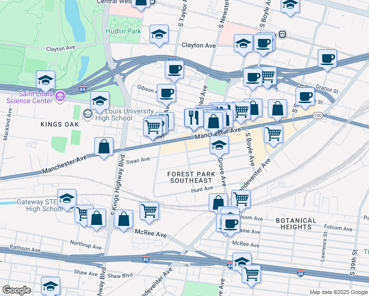 map of restaurants, bars, coffee shops, grocery stores, and more near 4370 Manchester Avenue in St. Louis