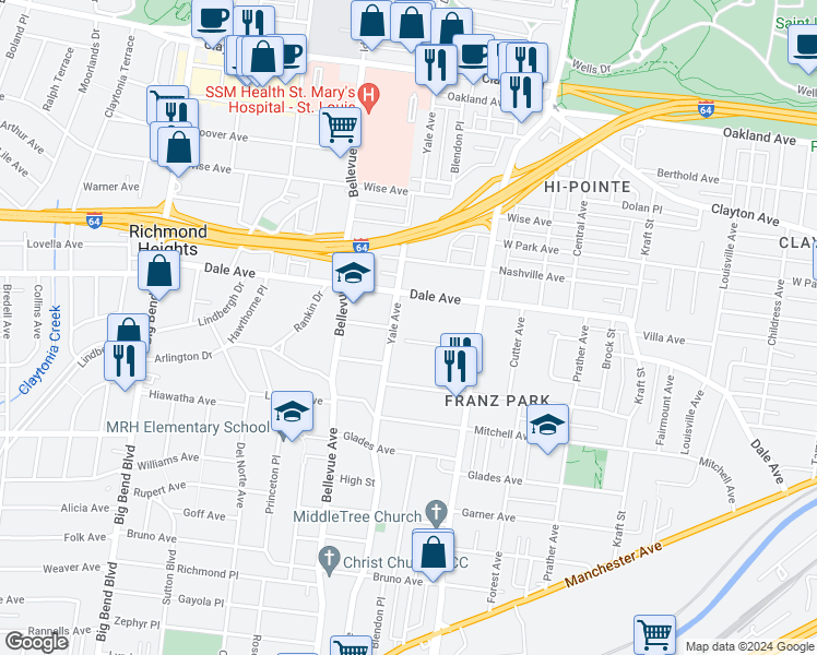 map of restaurants, bars, coffee shops, grocery stores, and more near 1424 Yale Avenue in Richmond Heights