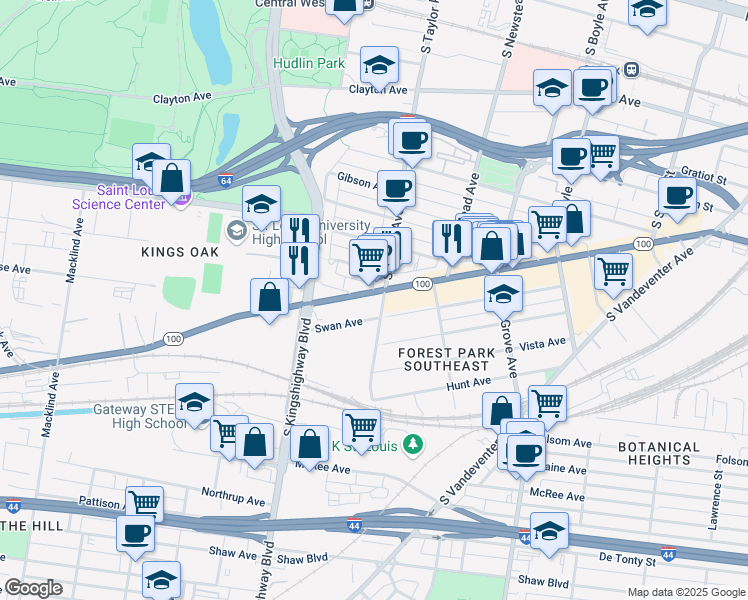 map of restaurants, bars, coffee shops, grocery stores, and more near 4510 Manchester Avenue in St. Louis