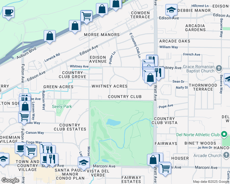 map of restaurants, bars, coffee shops, grocery stores, and more near 3235 Pope Avenue in Sacramento