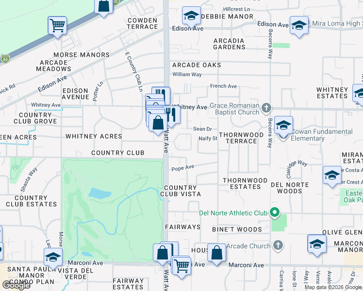 map of restaurants, bars, coffee shops, grocery stores, and more near 3604 Larchmont Square Lane in Sacramento