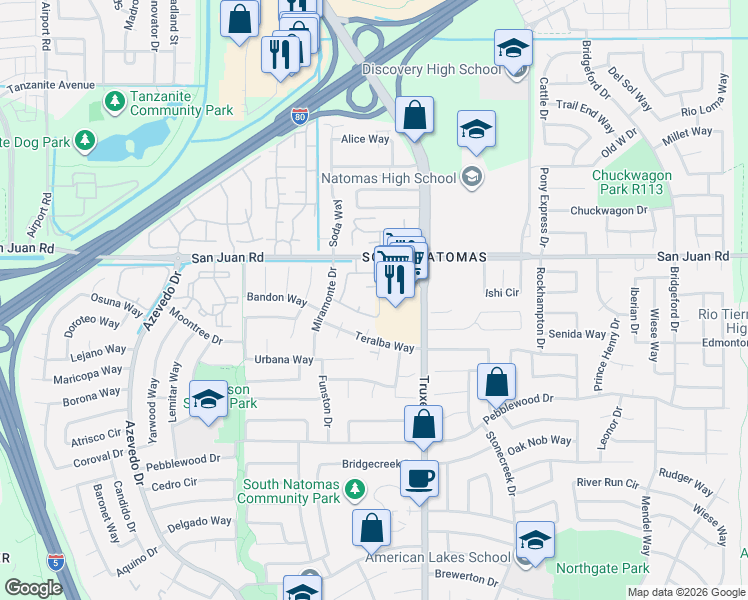 map of restaurants, bars, coffee shops, grocery stores, and more near 550 Del Verde Circle in Sacramento