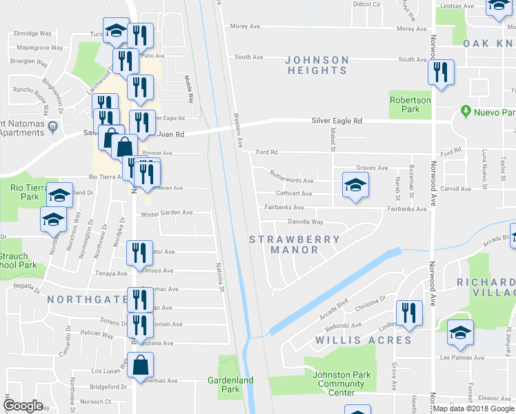 map of restaurants, bars, coffee shops, grocery stores, and more near 0 Fairbanks Avenue in Sacramento