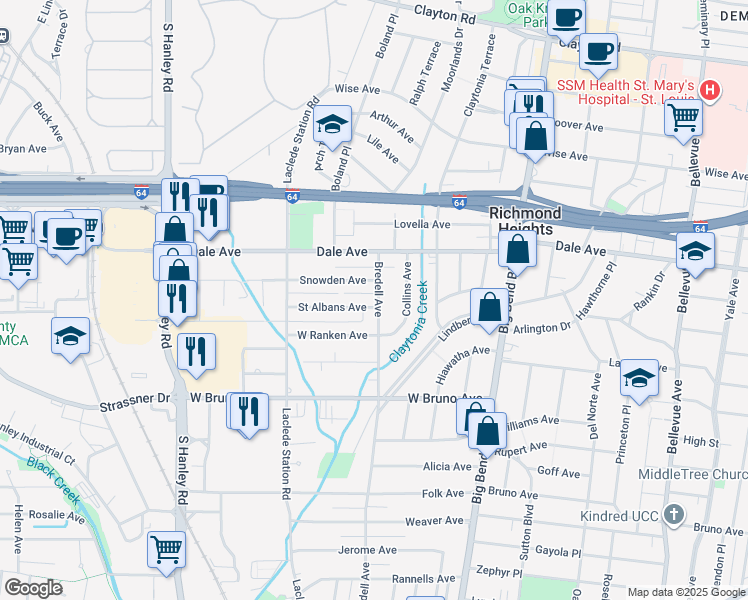 map of restaurants, bars, coffee shops, grocery stores, and more near 1420 Bredell Avenue in Richmond Heights