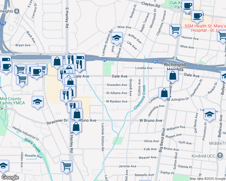 map of restaurants, bars, coffee shops, grocery stores, and more near 7730 Snowden Avenue in Richmond Heights