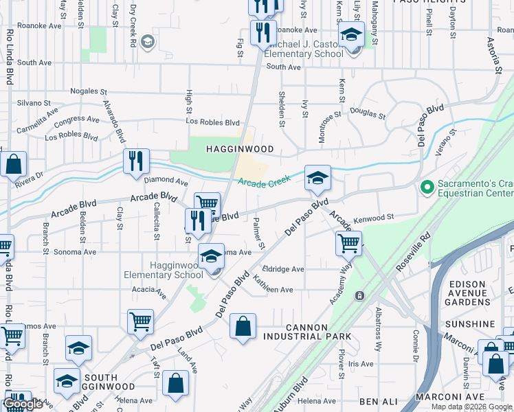 map of restaurants, bars, coffee shops, grocery stores, and more near 1617 Arcade Boulevard in Sacramento