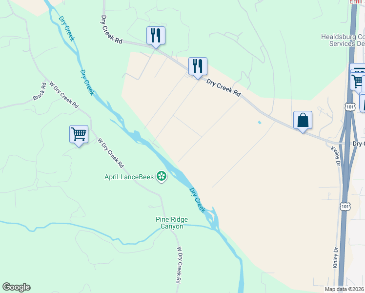 map of restaurants, bars, coffee shops, grocery stores, and more near Provence Lane in Healdsburg