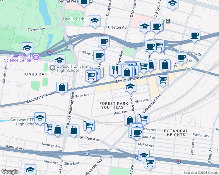 map of restaurants, bars, coffee shops, grocery stores, and more near 1115 South Newstead Avenue in St. Louis