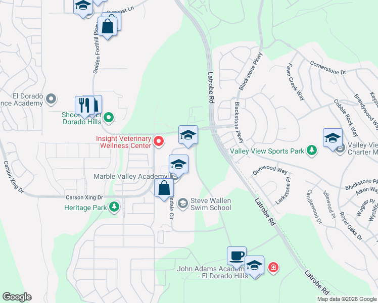 map of restaurants, bars, coffee shops, grocery stores, and more near 4940 Robert J Mathews Parkway in El Dorado Hills
