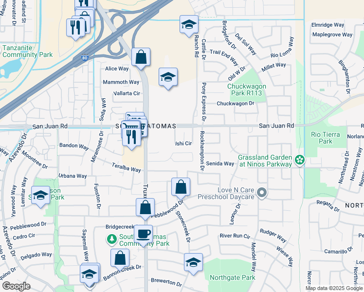 map of restaurants, bars, coffee shops, grocery stores, and more near 56 Ishi Circle in Sacramento