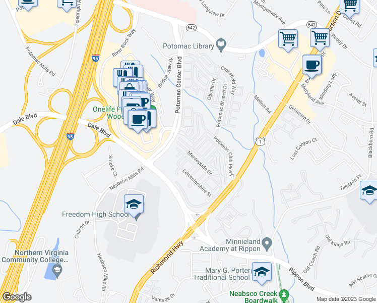 map of restaurants, bars, coffee shops, grocery stores, and more near 2230 Merseyside Drive in Woodbridge