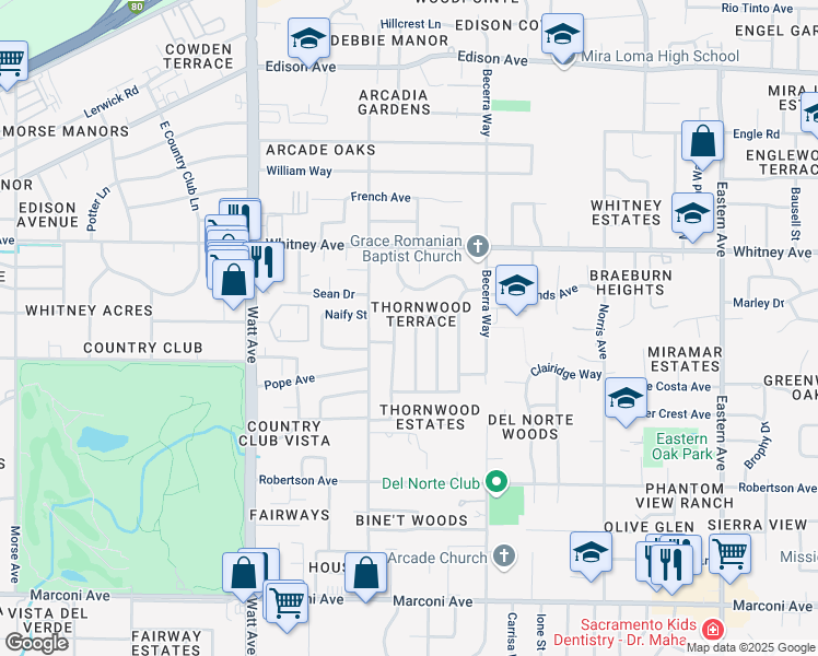 map of restaurants, bars, coffee shops, grocery stores, and more near 3805 Regent Road in Sacramento
