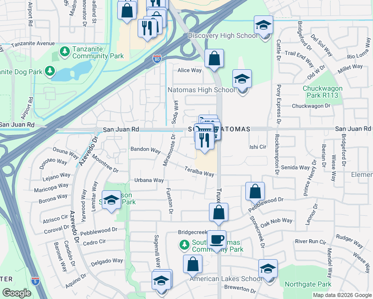 map of restaurants, bars, coffee shops, grocery stores, and more near 550 Del Verde Circle in Sacramento