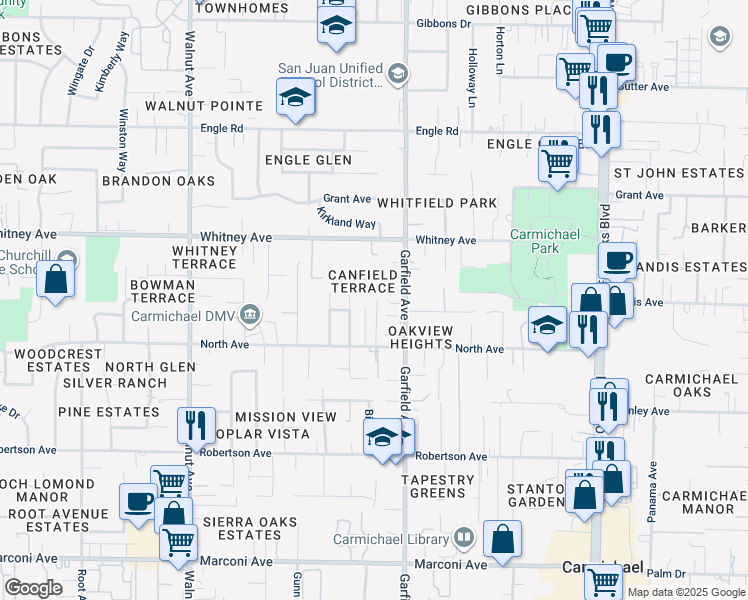 map of restaurants, bars, coffee shops, grocery stores, and more near 5424 Canfield Avenue in Carmichael