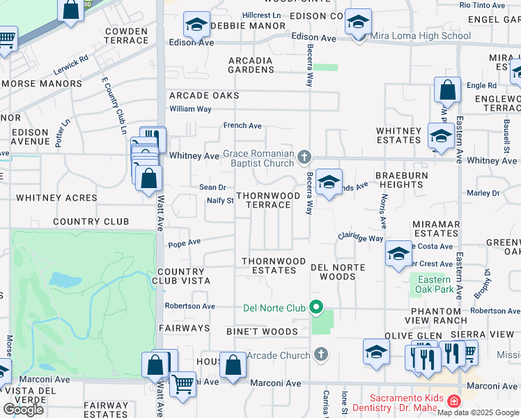 map of restaurants, bars, coffee shops, grocery stores, and more near 3805 Regent Road in Sacramento