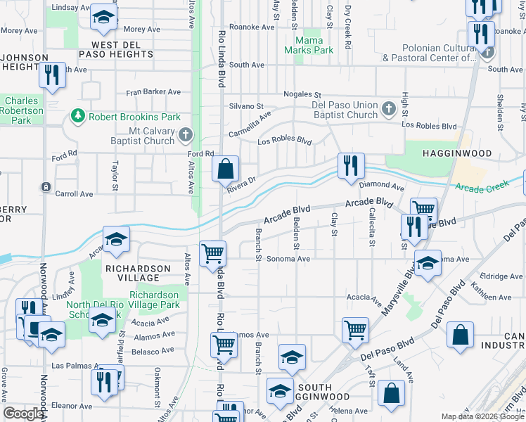 map of restaurants, bars, coffee shops, grocery stores, and more near 1045 Arcade Boulevard in Sacramento