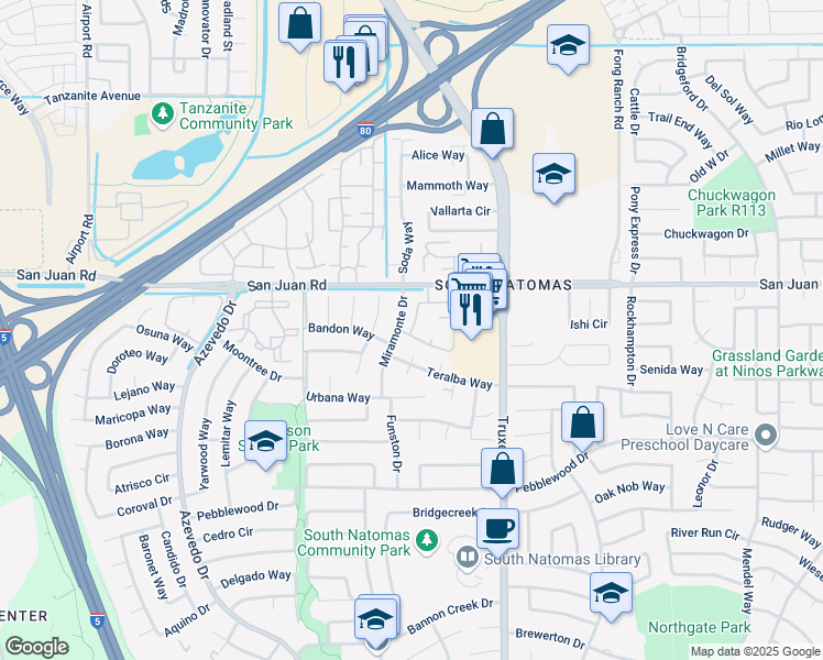 map of restaurants, bars, coffee shops, grocery stores, and more near 201 Del Verde Circle in Sacramento