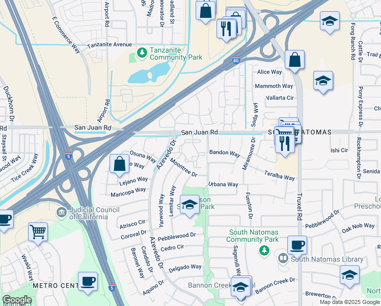 map of restaurants, bars, coffee shops, grocery stores, and more near 2028 San Juan Road in Sacramento