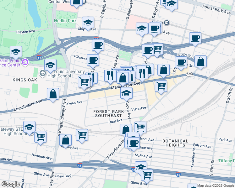 map of restaurants, bars, coffee shops, grocery stores, and more near 4352 Manchester Avenue in St. Louis
