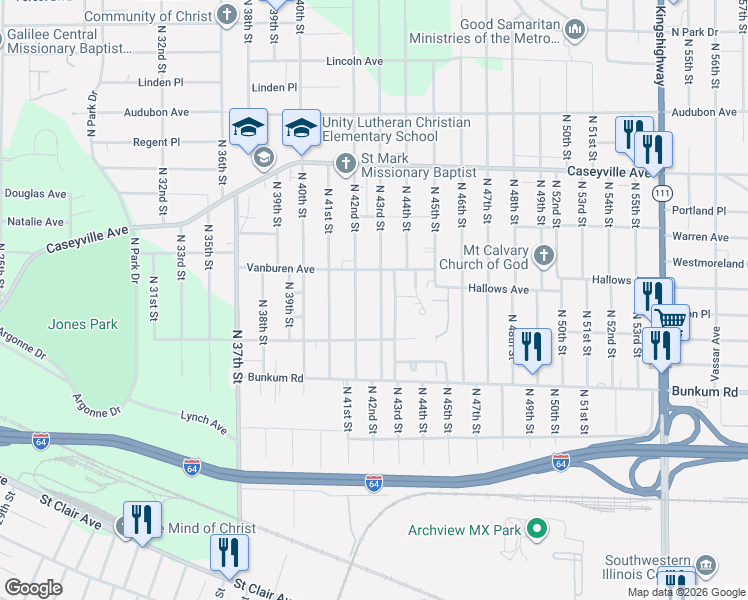 map of restaurants, bars, coffee shops, grocery stores, and more near 1350 North 43rd Street in East St. Louis
