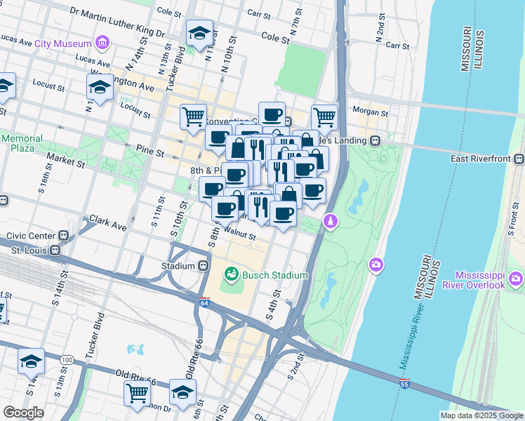 map of restaurants, bars, coffee shops, grocery stores, and more near 500 Chestnut Street in St. Louis