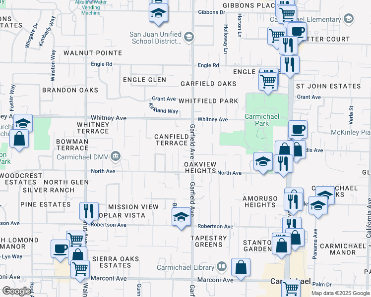 map of restaurants, bars, coffee shops, grocery stores, and more near 5424 Canfield Avenue in Carmichael