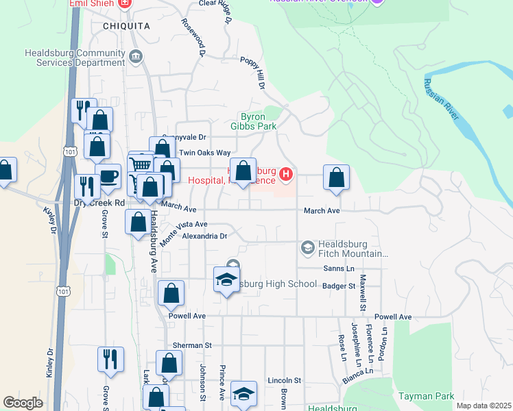 map of restaurants, bars, coffee shops, grocery stores, and more near 1302 Prentice Drive in Healdsburg