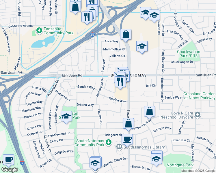 map of restaurants, bars, coffee shops, grocery stores, and more near 201 Del Verde Circle in Sacramento