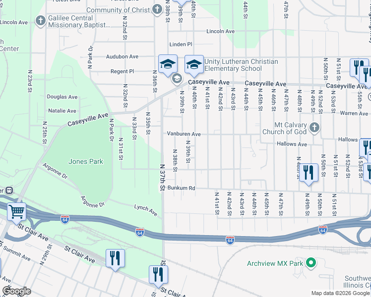map of restaurants, bars, coffee shops, grocery stores, and more near 1339 North 39th Street in East St. Louis