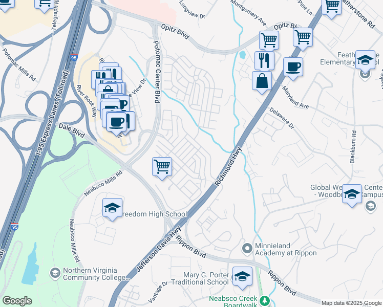 map of restaurants, bars, coffee shops, grocery stores, and more near 15122 Kentshire Drive in Woodbridge