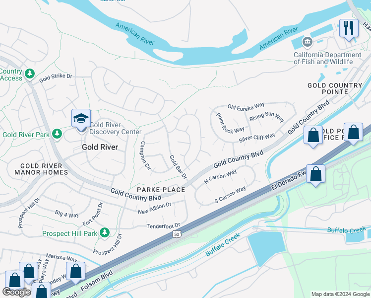 map of restaurants, bars, coffee shops, grocery stores, and more near 2142 Stony Bar Way in Gold River