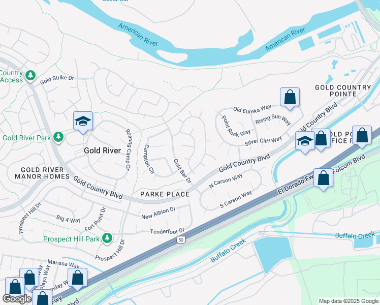 map of restaurants, bars, coffee shops, grocery stores, and more near 2142 Stony Bar Way in Gold River