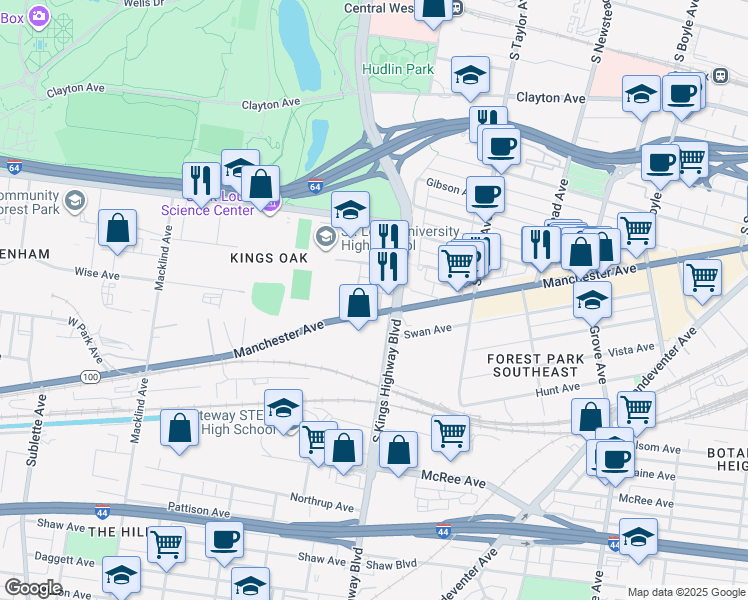 map of restaurants, bars, coffee shops, grocery stores, and more near 1175 South Kingshighway Boulevard in St. Louis