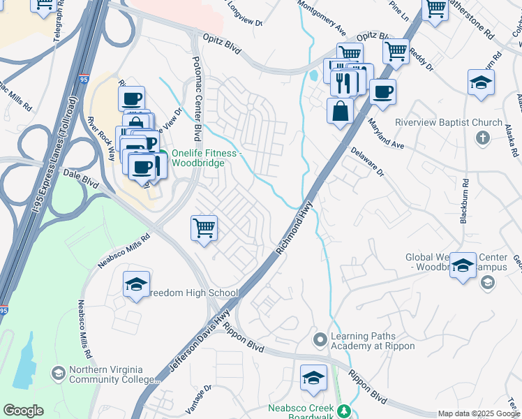 map of restaurants, bars, coffee shops, grocery stores, and more near 2227 Potomac Club Parkway in Woodbridge