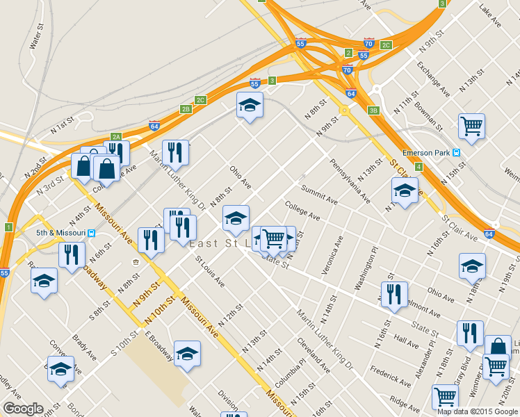 map of restaurants, bars, coffee shops, grocery stores, and more near 401 Katherine Dunham Place in East St. Louis