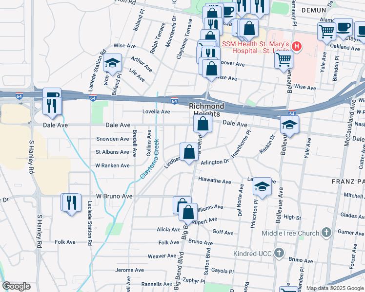 map of restaurants, bars, coffee shops, grocery stores, and more near 1428 Woodland Drive in Richmond Heights