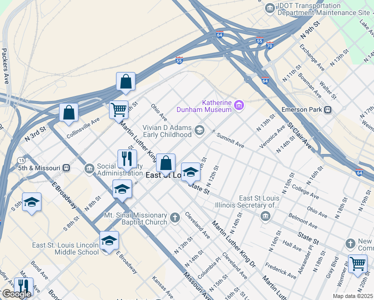 map of restaurants, bars, coffee shops, grocery stores, and more near 401 Katherine Dunham Place in East St. Louis
