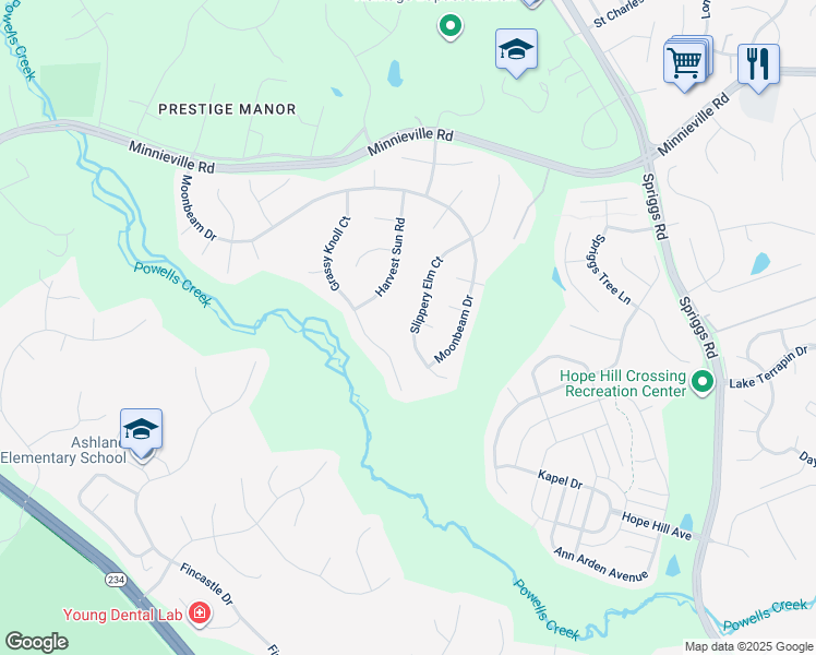 map of restaurants, bars, coffee shops, grocery stores, and more near 14968 Slippery Elm Court in Woodbridge