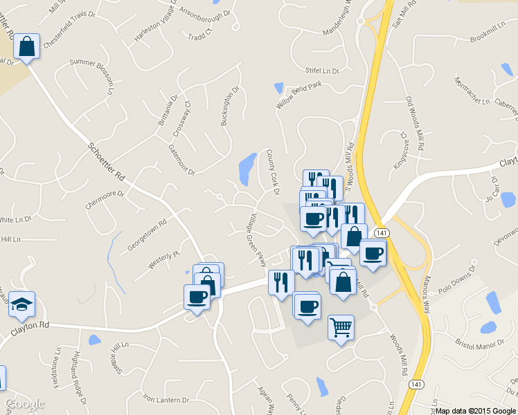 map of restaurants, bars, coffee shops, grocery stores, and more near 2142 Village Green Parkway in Chesterfield