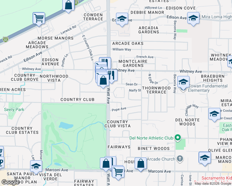 map of restaurants, bars, coffee shops, grocery stores, and more near 3512 Larchmont Square Lane in Sacramento