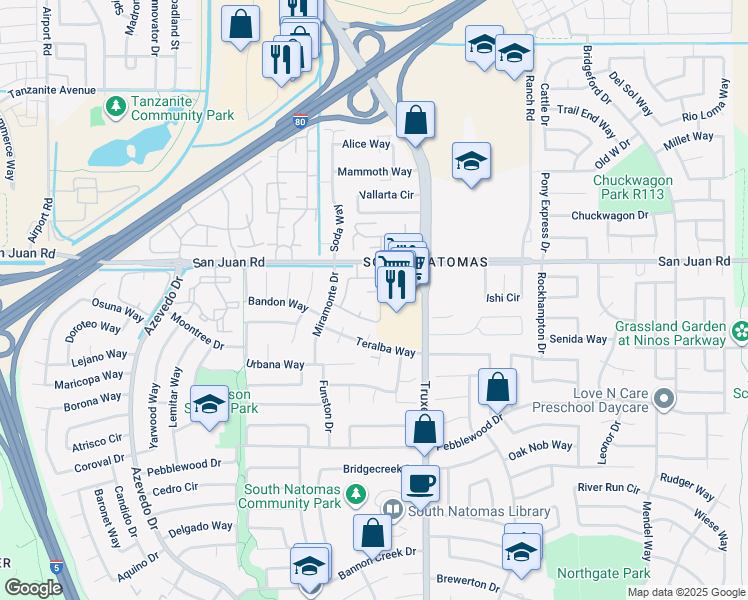map of restaurants, bars, coffee shops, grocery stores, and more near 550 Del Verde Circle in Sacramento
