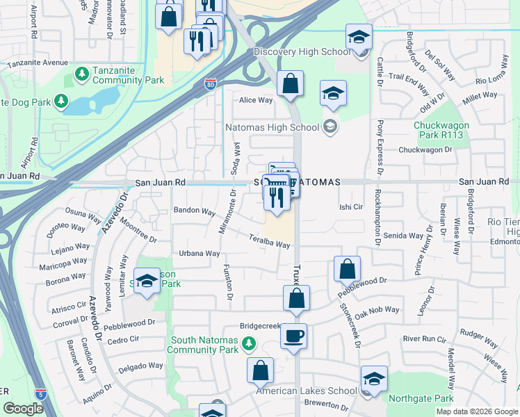 map of restaurants, bars, coffee shops, grocery stores, and more near 550 Del Verde Circle in Sacramento