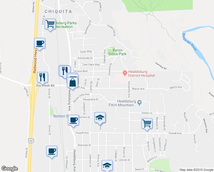 map of restaurants, bars, coffee shops, grocery stores, and more near 1310 Prentice Drive in Healdsburg