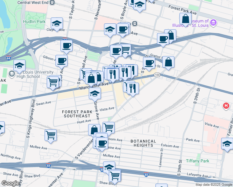 map of restaurants, bars, coffee shops, grocery stores, and more near 1204 South Boyle Avenue in St. Louis