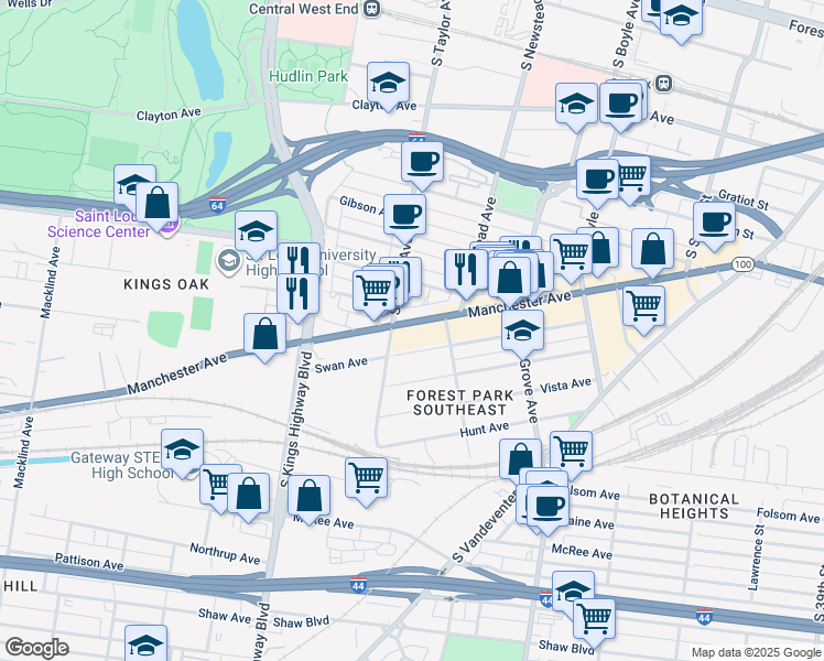map of restaurants, bars, coffee shops, grocery stores, and more near 4434 Manchester Avenue in St. Louis