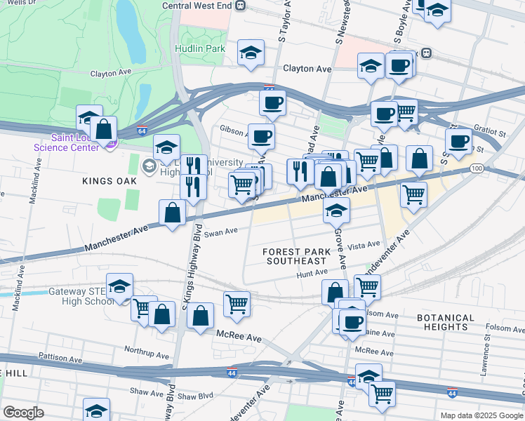 map of restaurants, bars, coffee shops, grocery stores, and more near 4434 Manchester Avenue in St. Louis